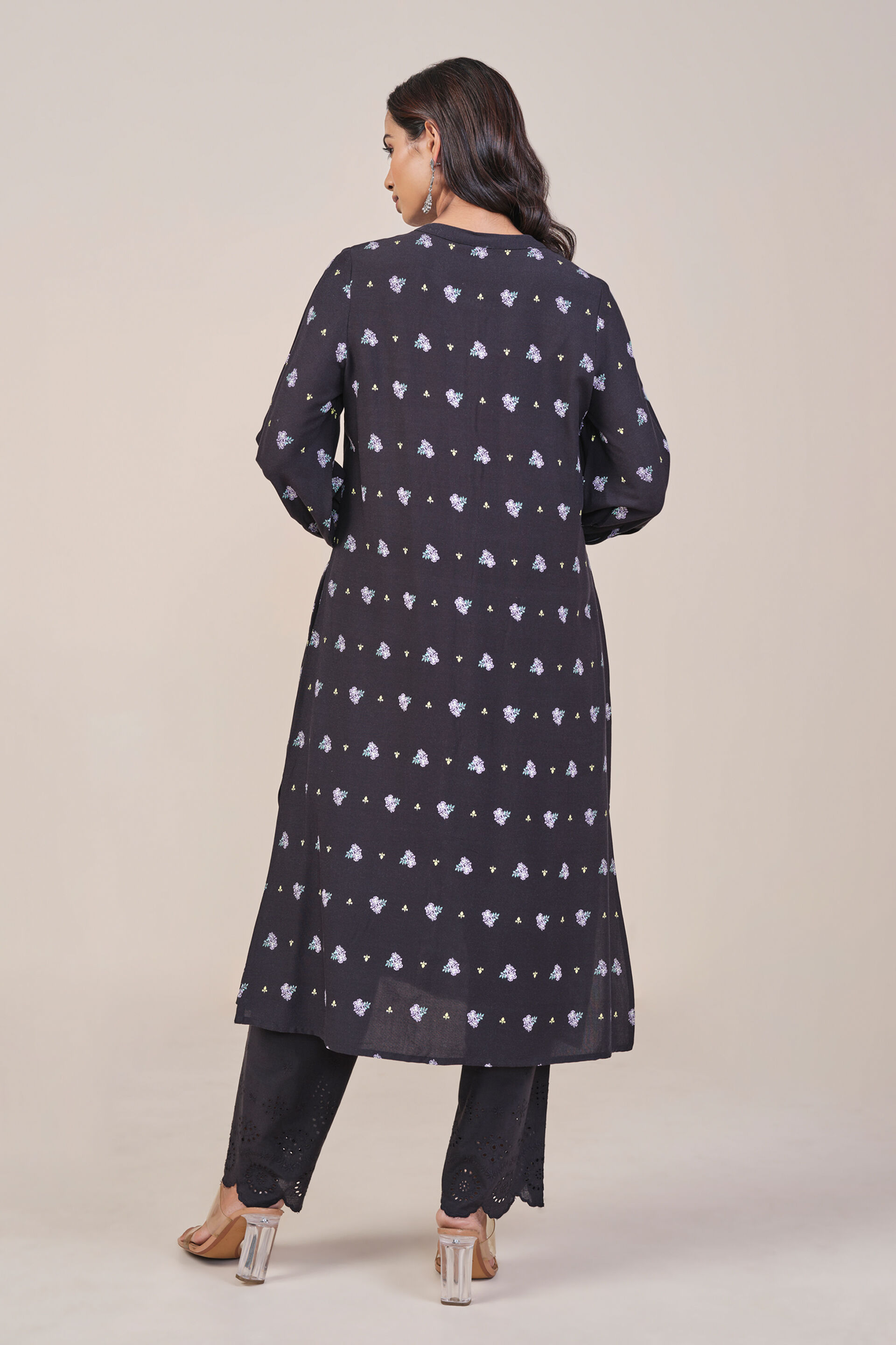 Black Placement Print Kurta, Black, image 5